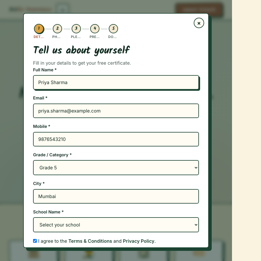 Cert wizard step 1 form filled with test data: Priya Sharma, Grade 5, Mumbai