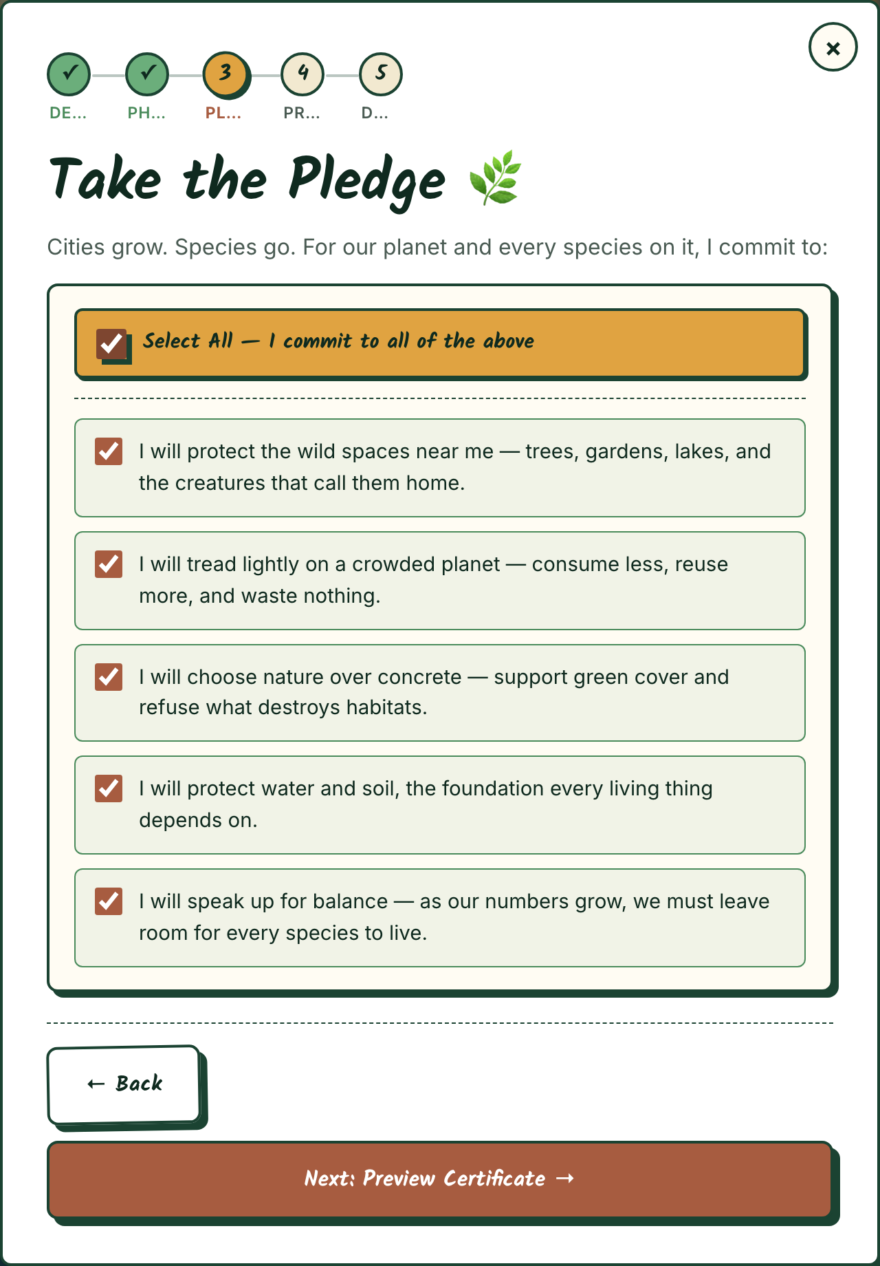 Cert wizard step 3 — six environment pledges with checkboxes ticked