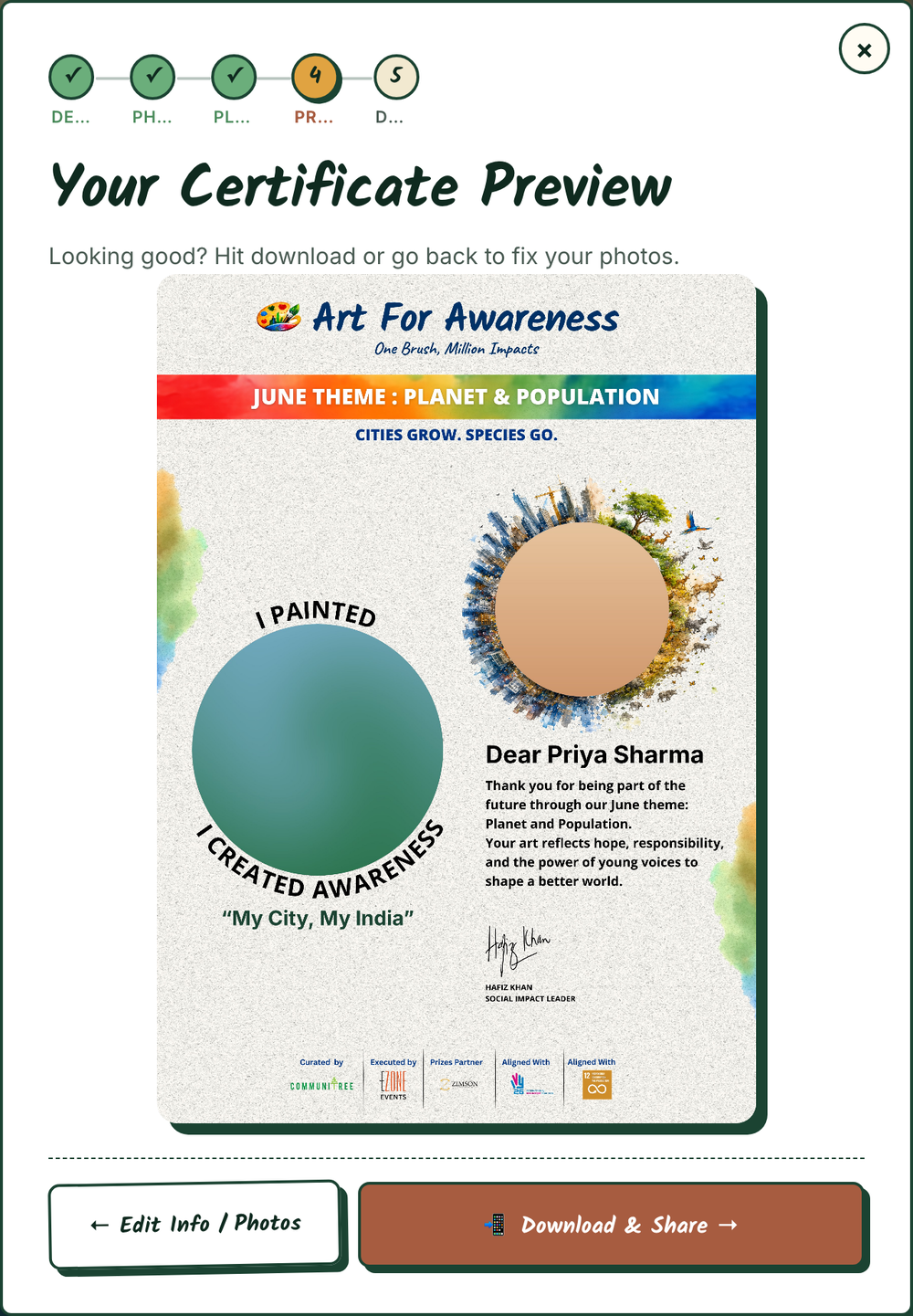 Cert wizard step 5 — personalised certificate preview with the participant's photo, artwork and name, ready to download and share